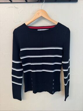 Tommy Hilfiger Black and White Striped Boatneck Sweater with Side Buttons